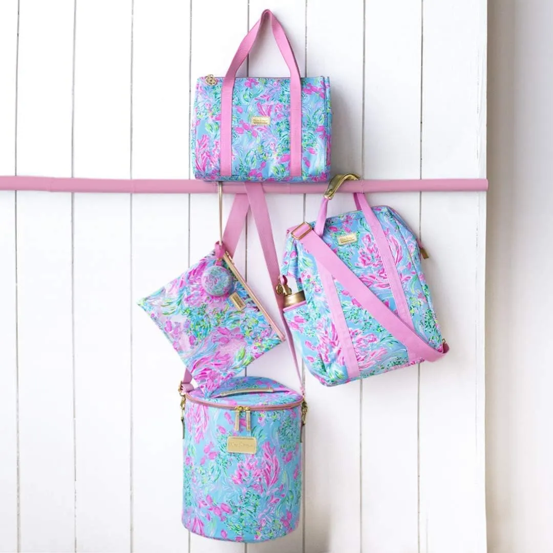 Lilly Pulitzer Water Resistant Vinyl Beach Day Pouch, Zipper Bag Includes Drink Hugger, Small Pouch, and Towel Clips