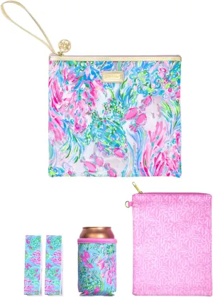 Lilly Pulitzer Water Resistant Vinyl Beach Day Pouch, Zipper Bag Includes Drink Hugger, Small Pouch, and Towel Clips
