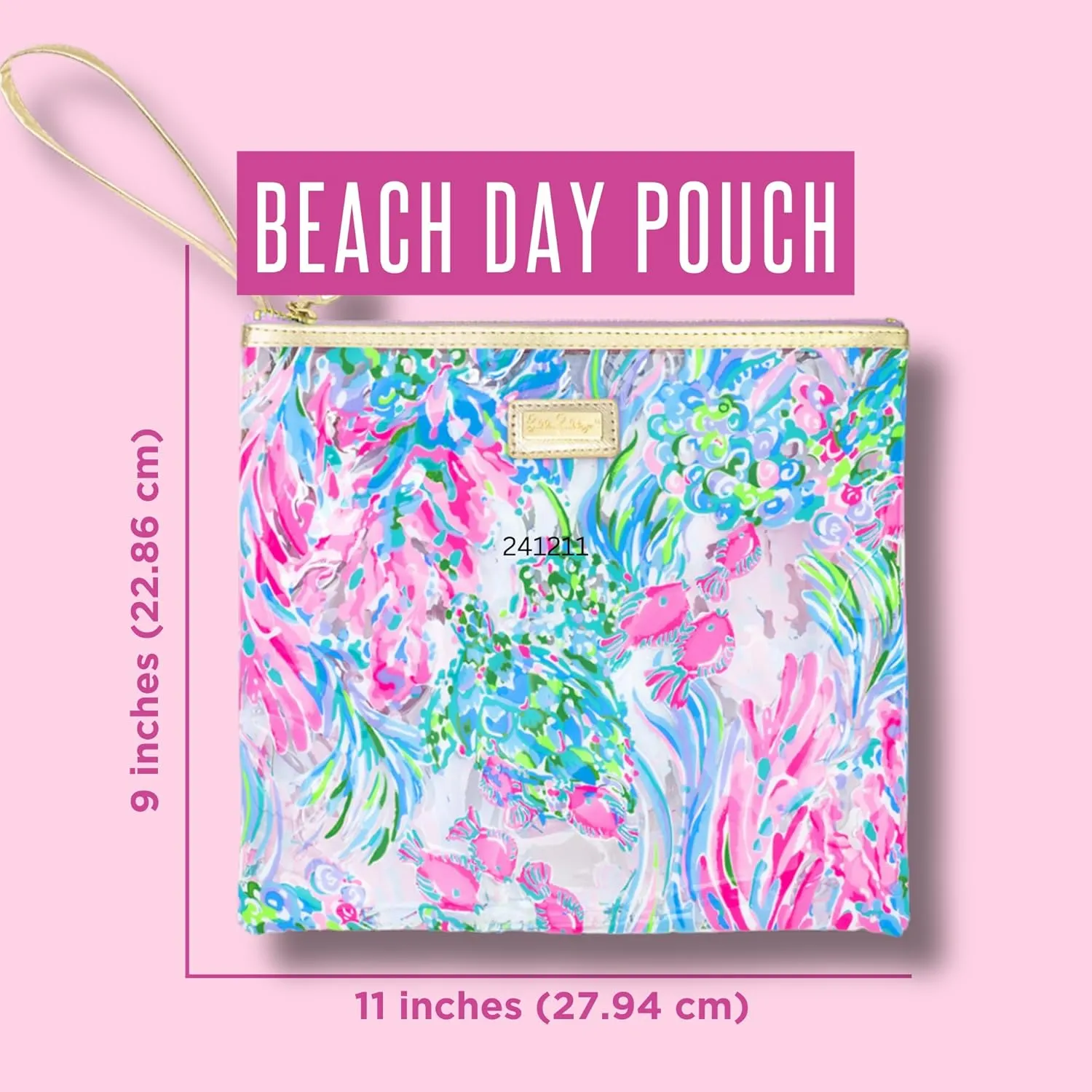 Lilly Pulitzer Water Resistant Vinyl Beach Day Pouch, Zipper Bag Includes Drink Hugger, Small Pouch, and Towel Clips