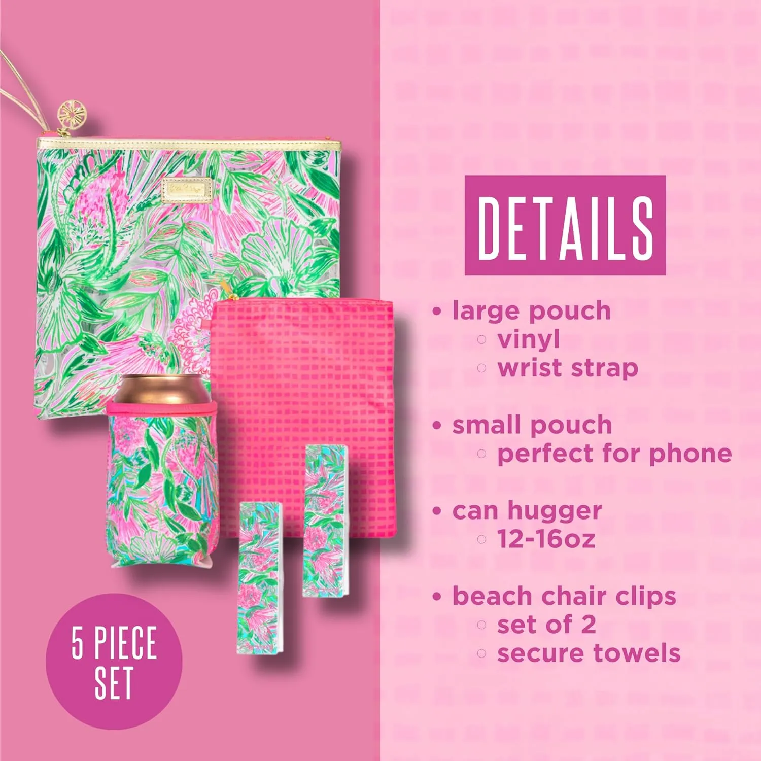 Lilly Pulitzer Water Resistant Vinyl Beach Day Pouch, Zipper Bag Includes Drink Hugger, Small Pouch, and Towel Clips