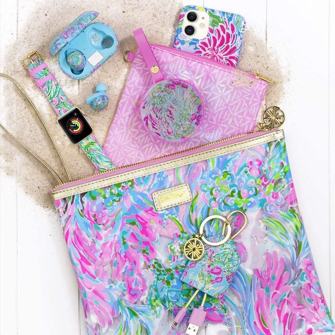 Lilly Pulitzer Water Resistant Vinyl Beach Day Pouch, Zipper Bag Includes Drink Hugger, Small Pouch, and Towel Clips