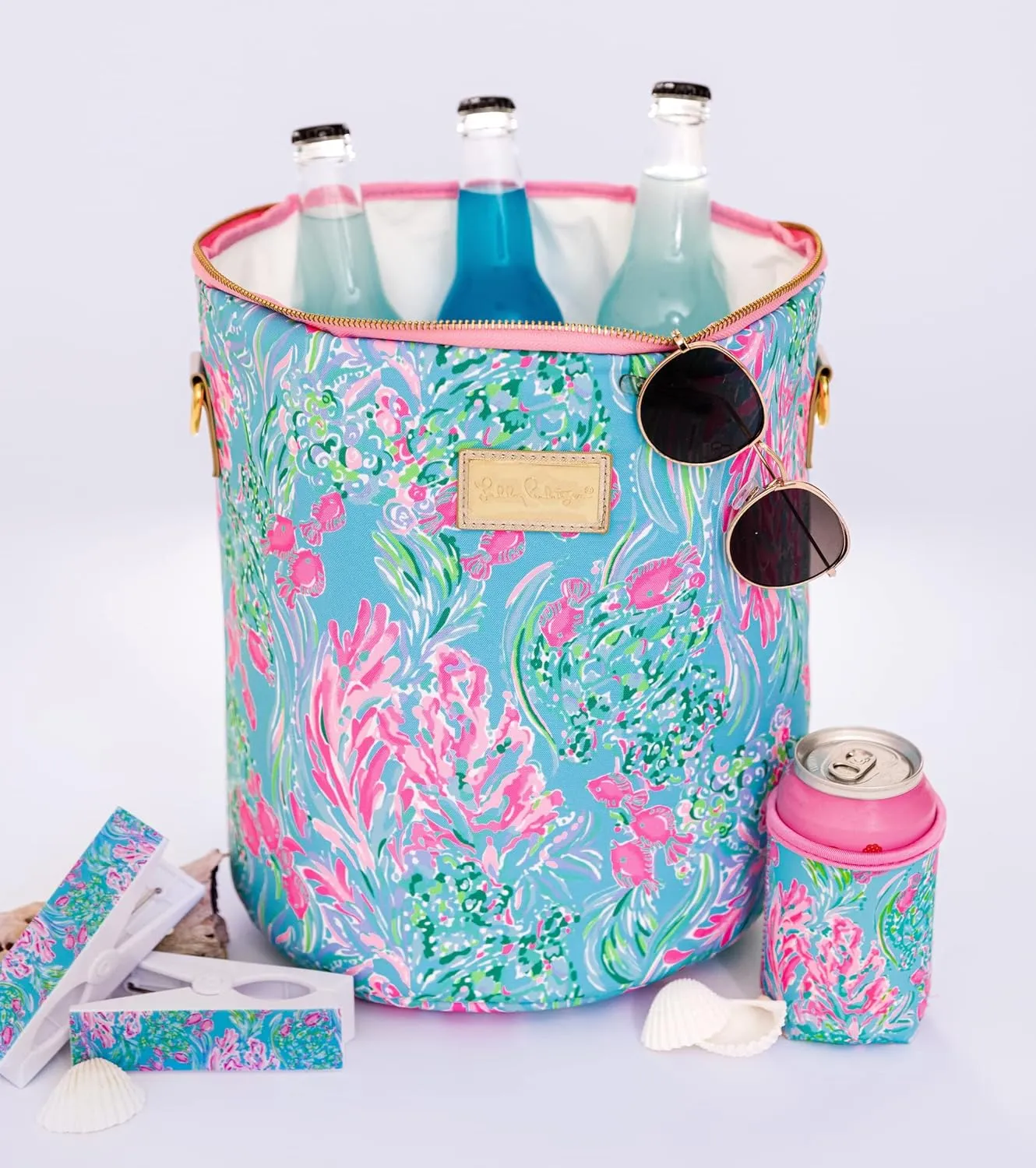 Lilly Pulitzer Water Resistant Vinyl Beach Day Pouch, Zipper Bag Includes Drink Hugger, Small Pouch, and Towel Clips