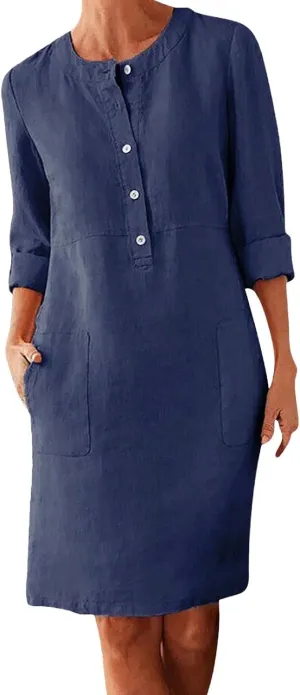 Linen Dresses for Women 2025 Summer Casual 3/4 Sleeve Button Down Midi Dress Plus Size Crewneck Loose Beach Sundress
