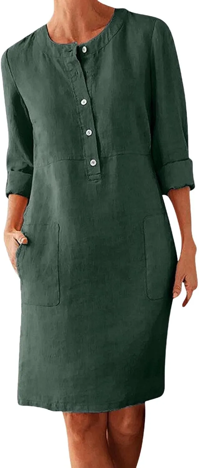 Linen Dresses for Women 2025 Summer Casual 3/4 Sleeve Button Down Midi Dress Plus Size Crewneck Loose Beach Sundress