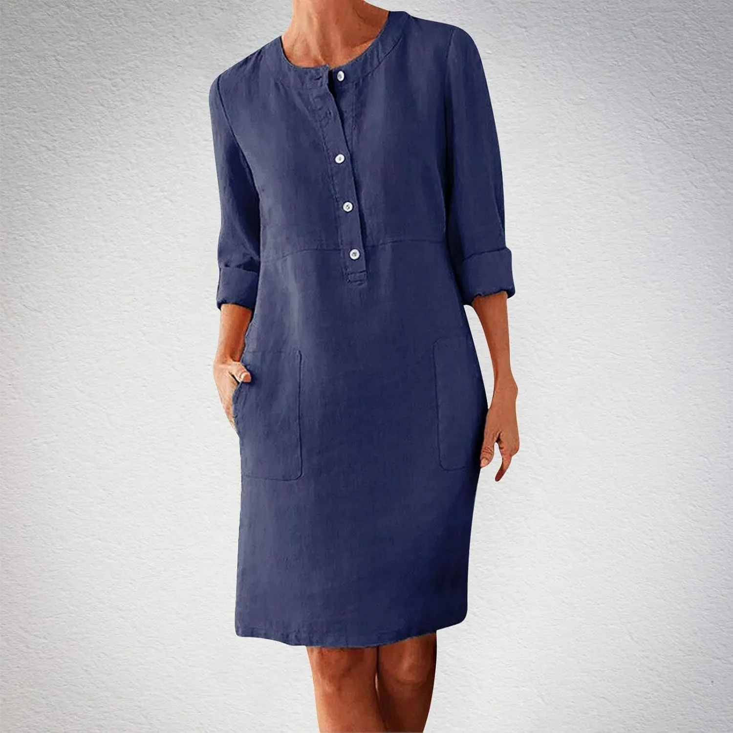 Linen Dresses for Women 2025 Summer Casual 3/4 Sleeve Button Down Midi Dress Plus Size Crewneck Loose Beach Sundress