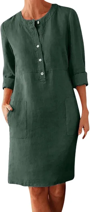 Linen Dresses for Women 2025 Summer Casual 3/4 Sleeve Button Down Midi Dress Plus Size Crewneck Loose Beach Sundress