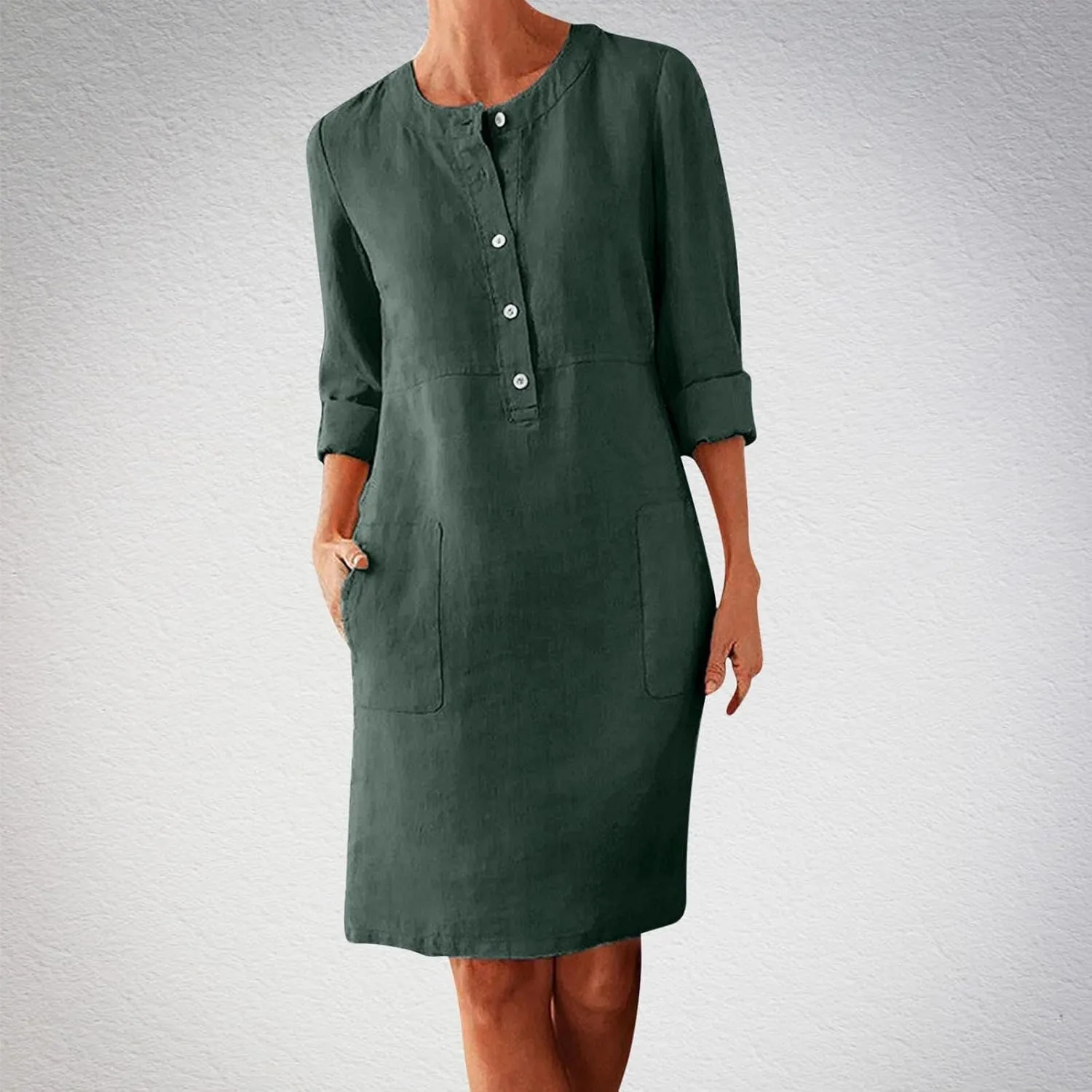 Linen Dresses for Women 2025 Summer Casual 3/4 Sleeve Button Down Midi Dress Plus Size Crewneck Loose Beach Sundress