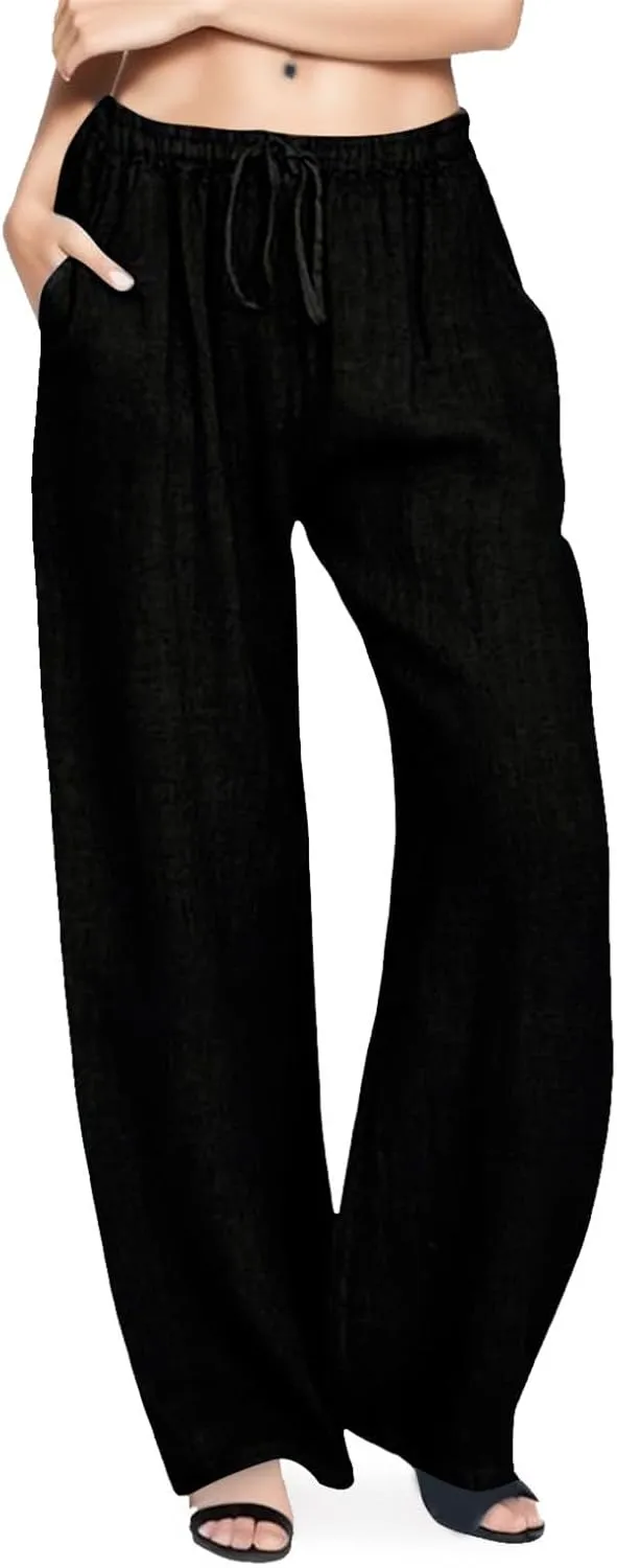 Linen Pants for Women 2025 Summer Wide Leg Palazzo Pants Comfy Drawstring High Waist Casual Beach Trousers Pockets
