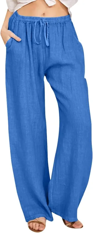 Linen Pants for Women 2025 Summer Wide Leg Palazzo Pants Comfy Drawstring High Waist Casual Beach Trousers Pockets