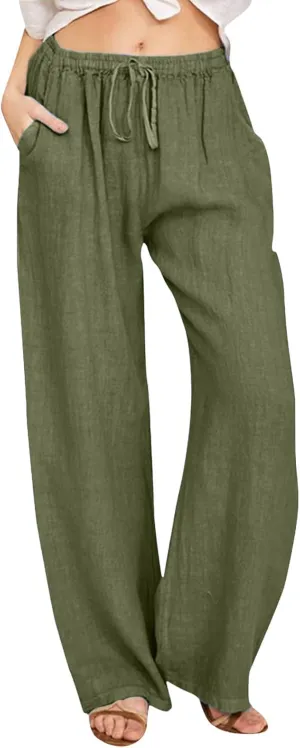 Linen Pants for Women 2025 Summer Wide Leg Palazzo Pants Comfy Drawstring High Waist Casual Beach Trousers Pockets