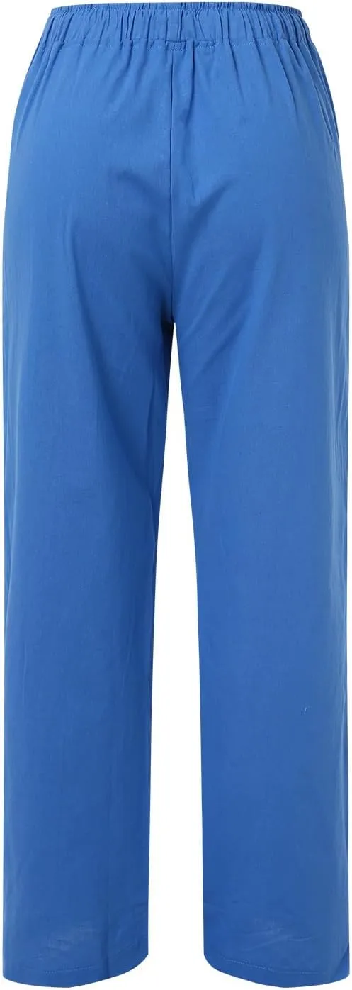 Linen Pants for Women 2025 Summer Wide Leg Palazzo Pants Comfy Drawstring High Waist Casual Beach Trousers Pockets