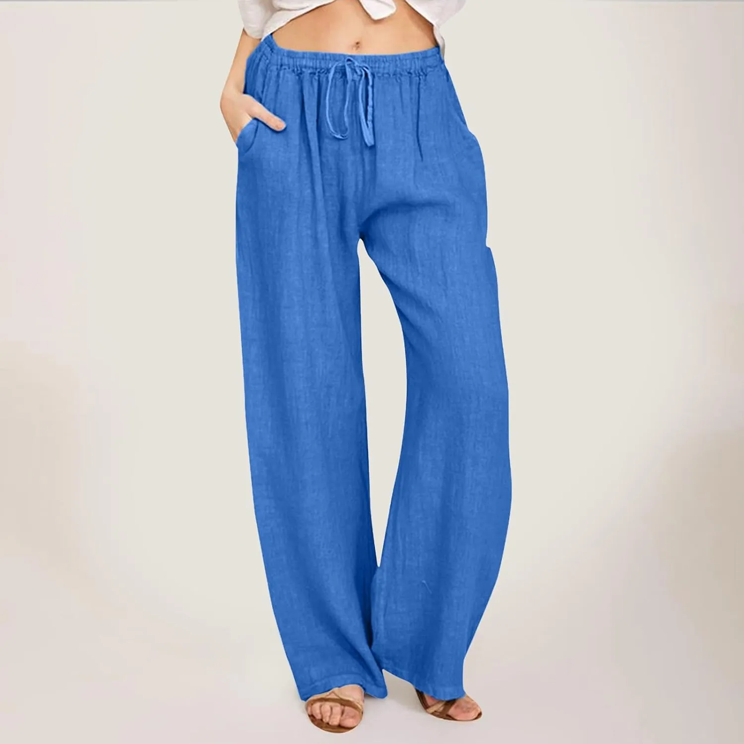 Linen Pants for Women 2025 Summer Wide Leg Palazzo Pants Comfy Drawstring High Waist Casual Beach Trousers Pockets