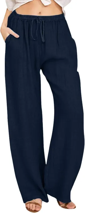 Linen Pants for Women 2025 Summer Wide Leg Palazzo Pants Comfy Drawstring High Waist Casual Beach Trousers Pockets