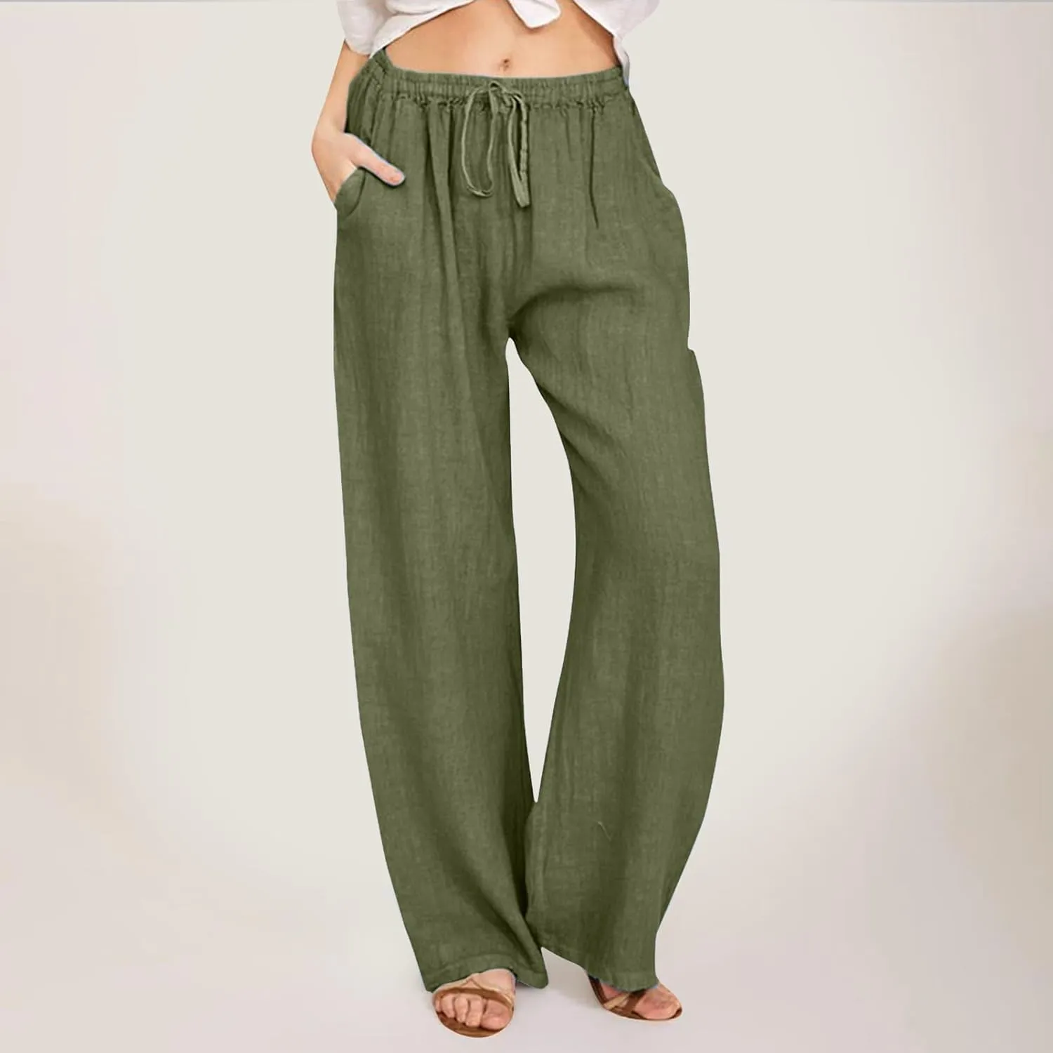 Linen Pants for Women 2025 Summer Wide Leg Palazzo Pants Comfy Drawstring High Waist Casual Beach Trousers Pockets