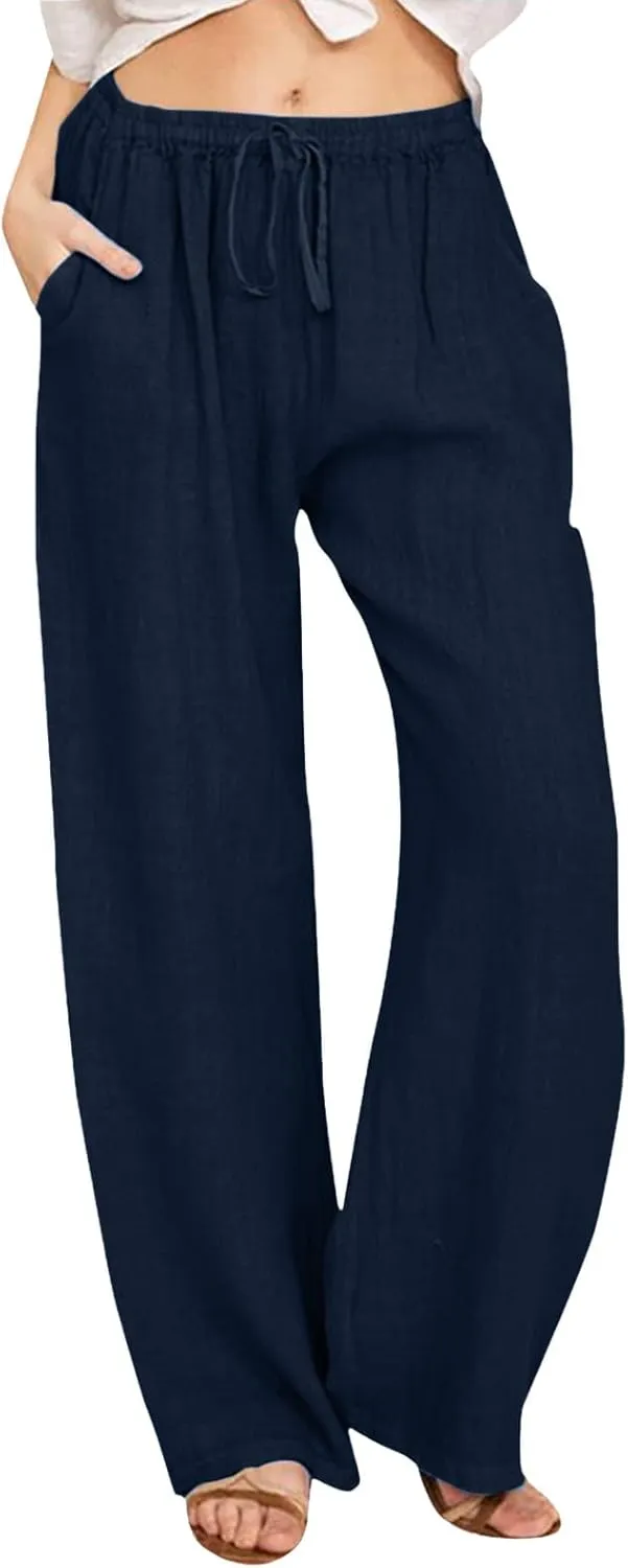 Linen Pants for Women 2025 Summer Wide Leg Palazzo Pants Comfy Drawstring High Waist Casual Beach Trousers Pockets