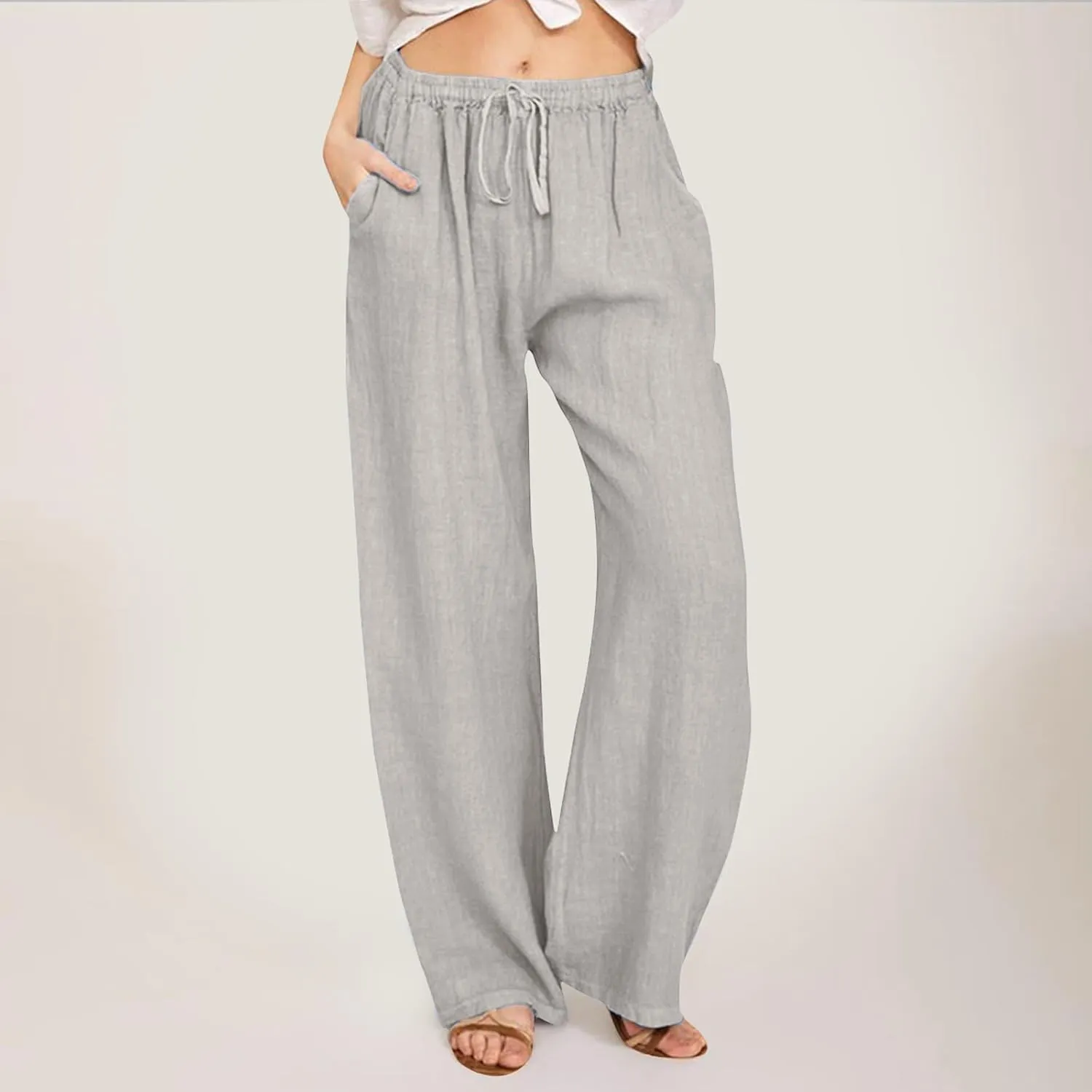 Linen Pants for Women 2025 Summer Wide Leg Palazzo Pants Comfy Drawstring High Waist Casual Beach Trousers Pockets