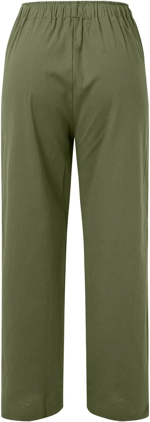 Linen Pants for Women 2025 Summer Wide Leg Palazzo Pants Comfy Drawstring High Waist Casual Beach Trousers Pockets