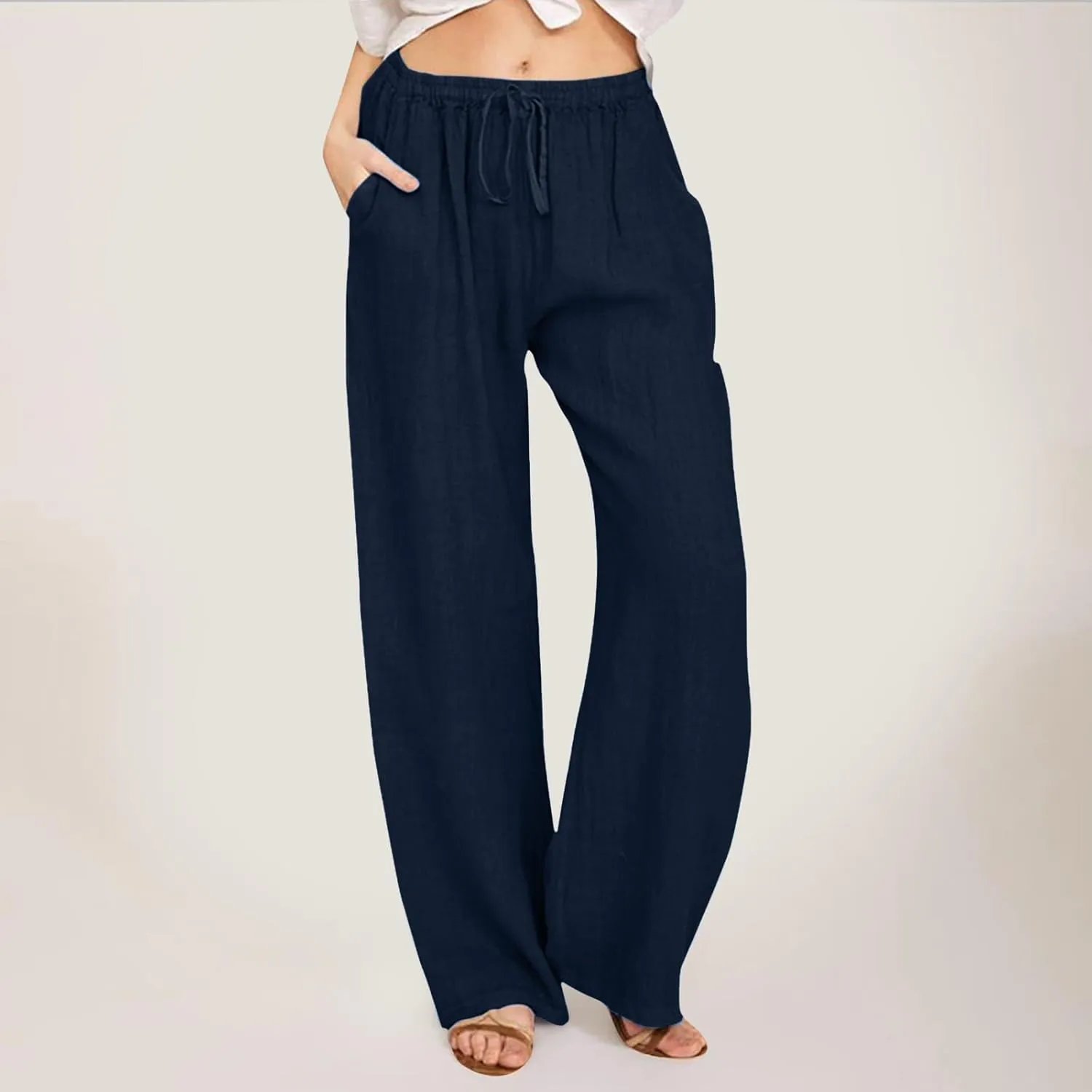 Linen Pants for Women 2025 Summer Wide Leg Palazzo Pants Comfy Drawstring High Waist Casual Beach Trousers Pockets