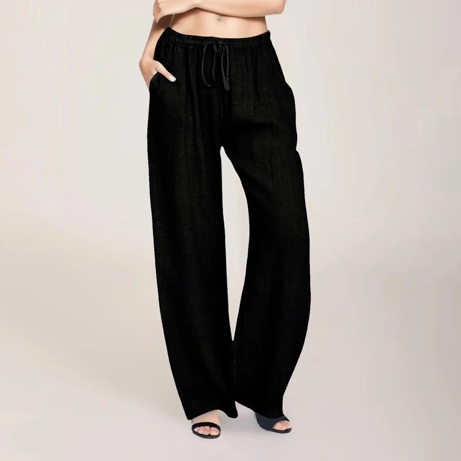 Linen Pants for Women 2025 Summer Wide Leg Palazzo Pants Comfy Drawstring High Waist Casual Beach Trousers Pockets
