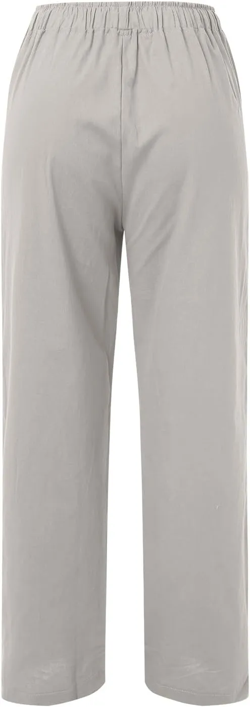 Linen Pants for Women 2025 Summer Wide Leg Palazzo Pants Comfy Drawstring High Waist Casual Beach Trousers Pockets