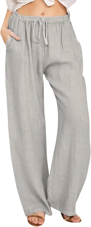 Linen Pants for Women 2025 Summer Wide Leg Palazzo Pants Comfy Drawstring High Waist Casual Beach Trousers Pockets