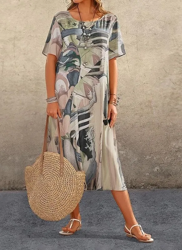 LOAIHA Women's Boho Floral Loose Midi Tshirt Dress Casual Baggy Summer Short Sleeve Beach Vacation Dresses Plus Size