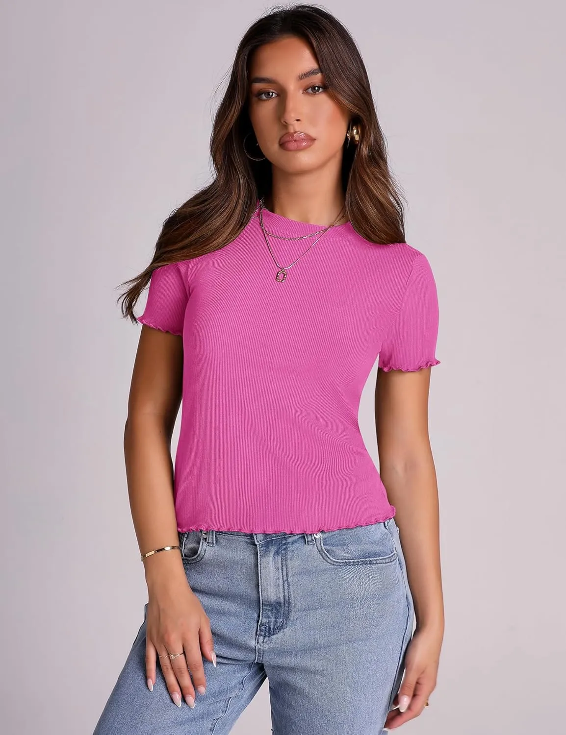 LOMON Women's Crew Neck Short Sleeves T Shirts Ribbed Fitted Summer Basic Tees Lettuce Trim Going Out Tops