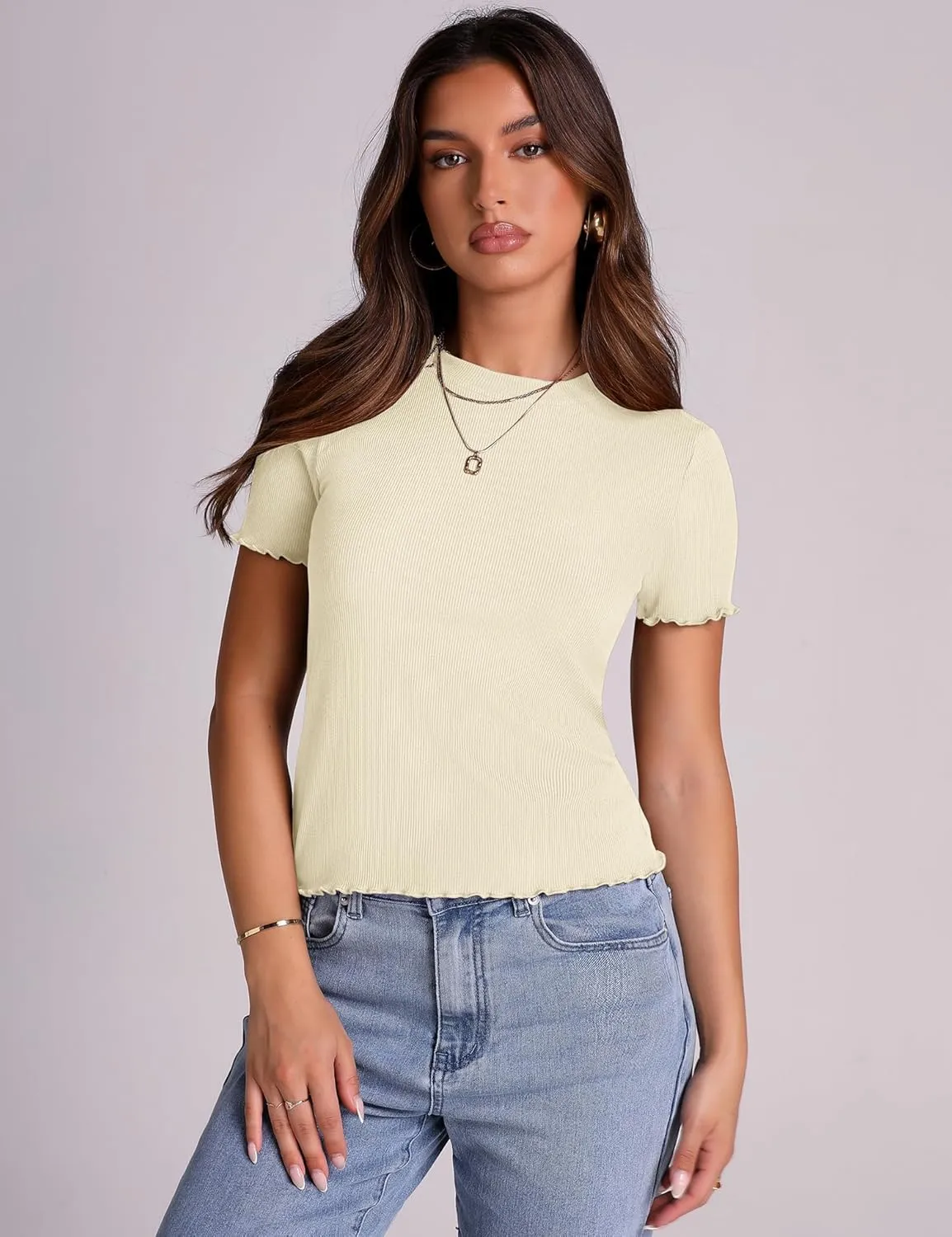 LOMON Women's Crew Neck Short Sleeves T Shirts Ribbed Fitted Summer Basic Tees Lettuce Trim Going Out Tops