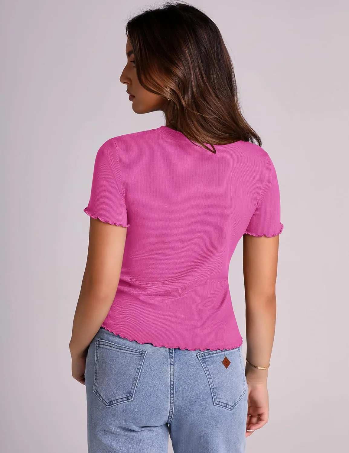 LOMON Women's Crew Neck Short Sleeves T Shirts Ribbed Fitted Summer Basic Tees Lettuce Trim Going Out Tops