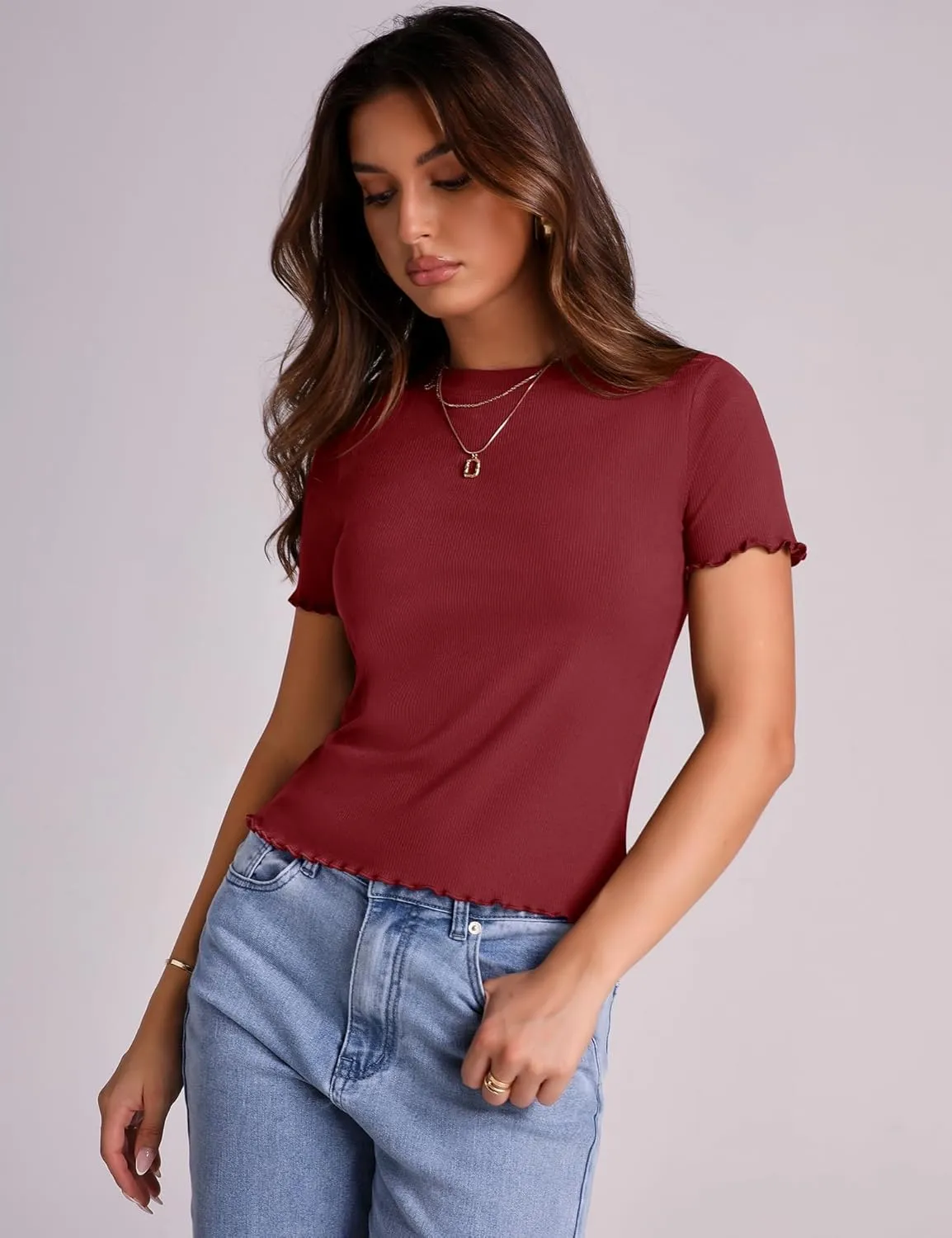 LOMON Women's Crew Neck Short Sleeves T Shirts Ribbed Fitted Summer Basic Tees Lettuce Trim Going Out Tops