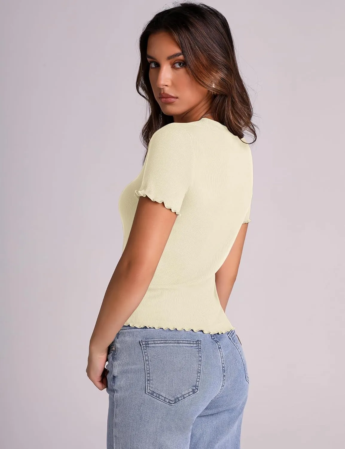 LOMON Women's Crew Neck Short Sleeves T Shirts Ribbed Fitted Summer Basic Tees Lettuce Trim Going Out Tops