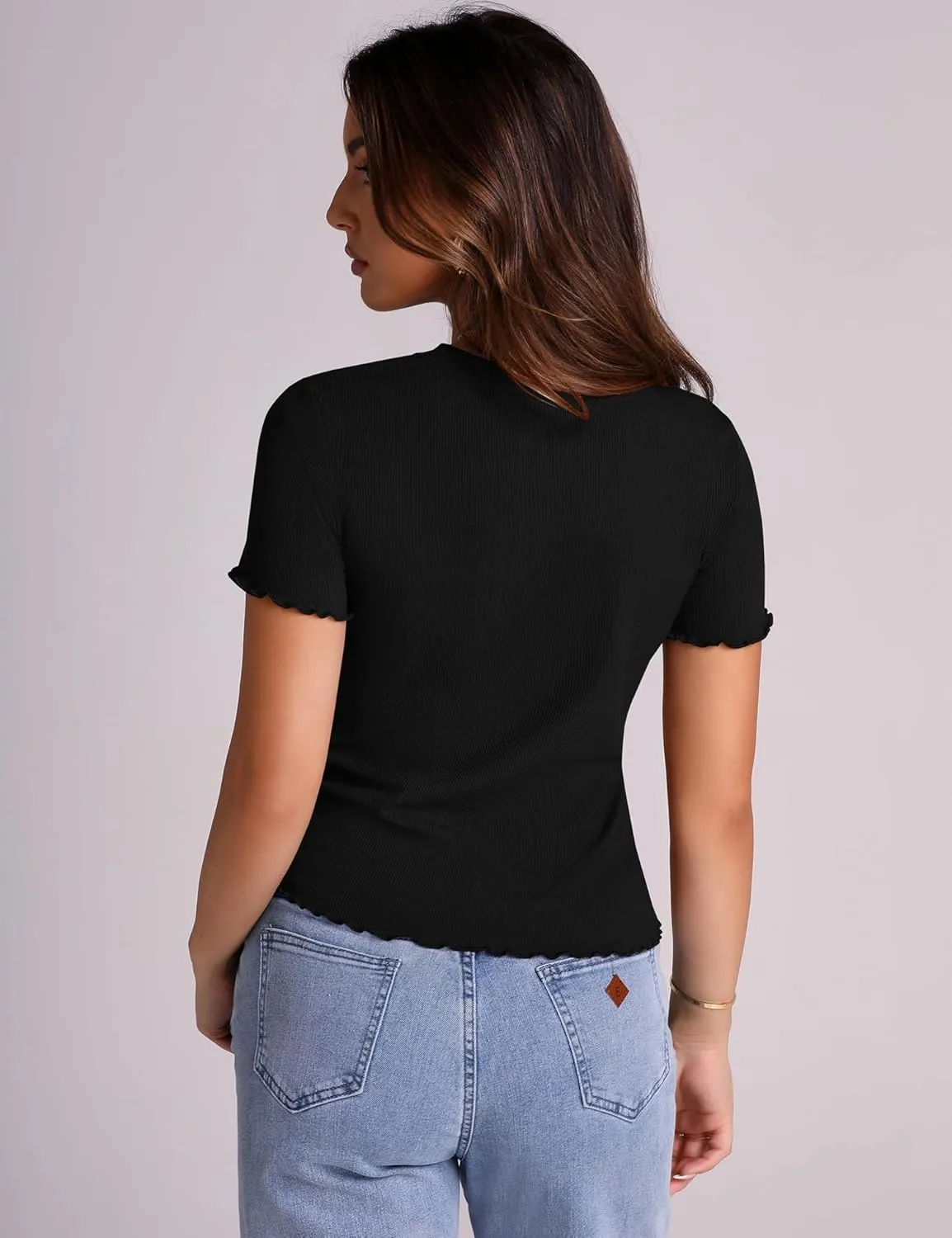 LOMON Women's Crew Neck Short Sleeves T Shirts Ribbed Fitted Summer Basic Tees Lettuce Trim Going Out Tops