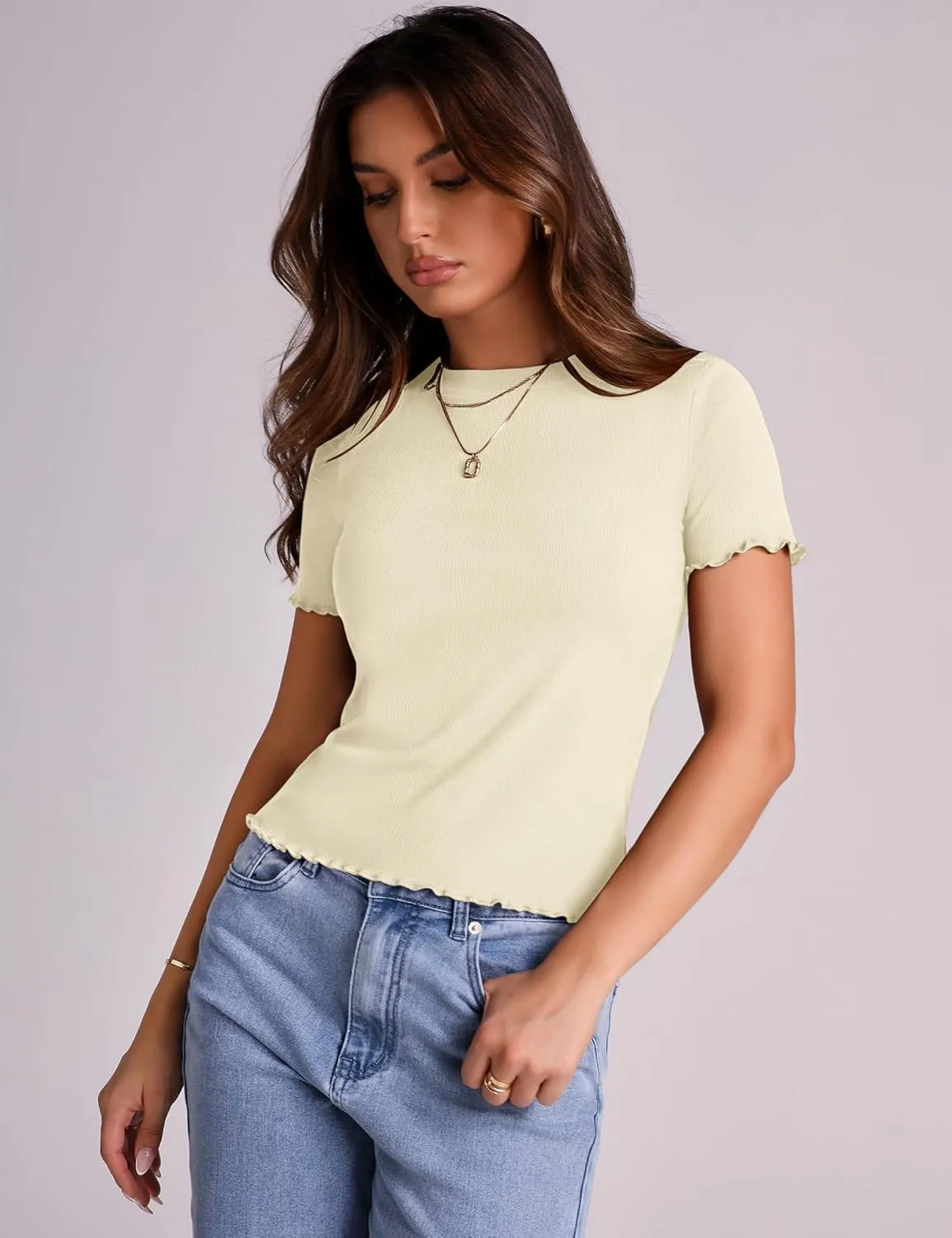 LOMON Women's Crew Neck Short Sleeves T Shirts Ribbed Fitted Summer Basic Tees Lettuce Trim Going Out Tops