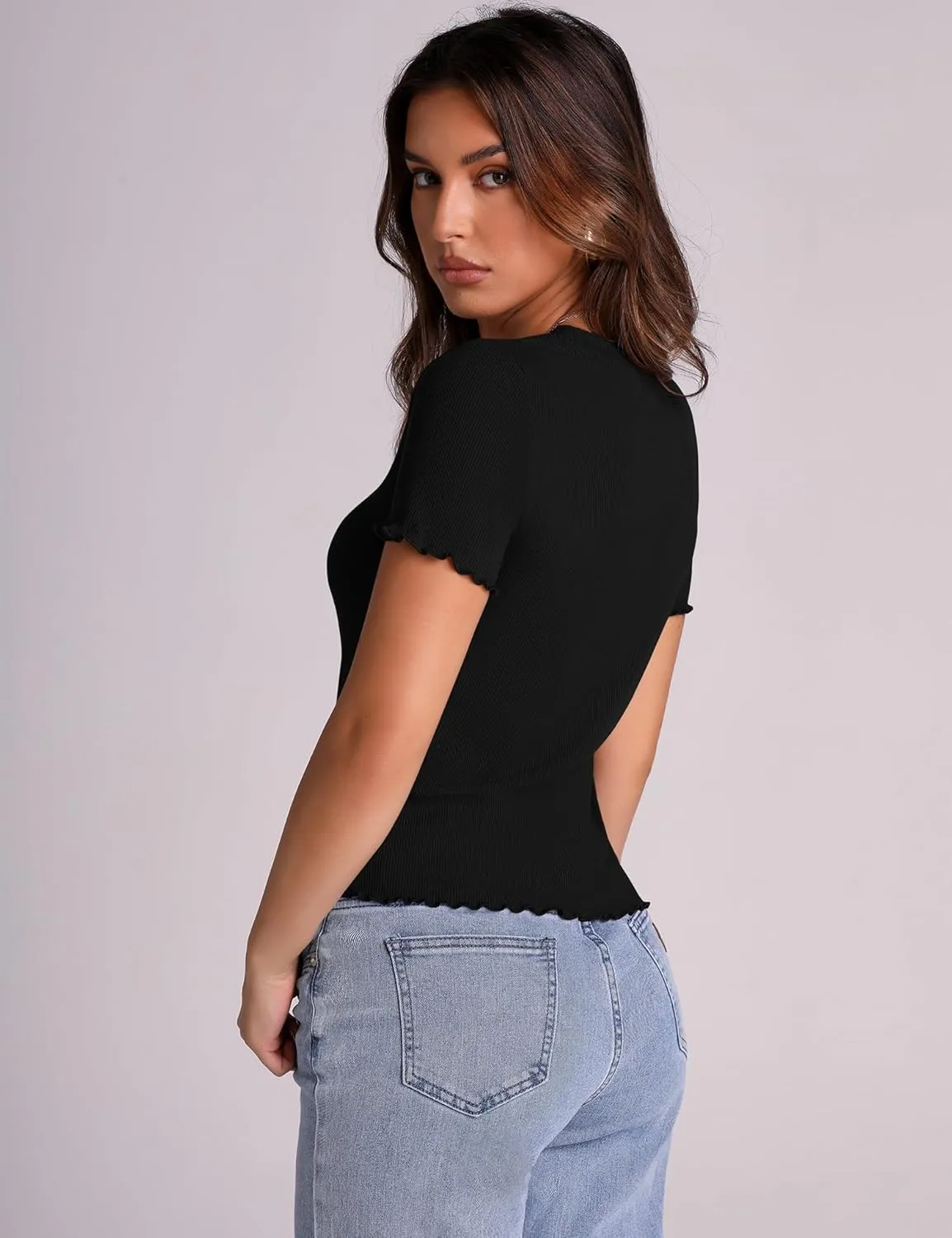 LOMON Women's Crew Neck Short Sleeves T Shirts Ribbed Fitted Summer Basic Tees Lettuce Trim Going Out Tops