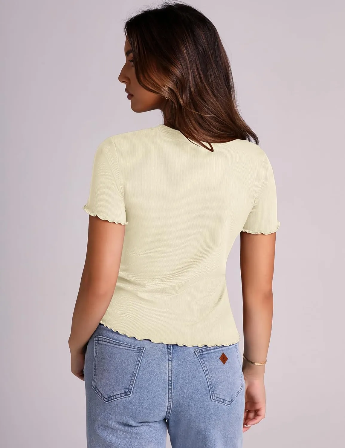 LOMON Women's Crew Neck Short Sleeves T Shirts Ribbed Fitted Summer Basic Tees Lettuce Trim Going Out Tops