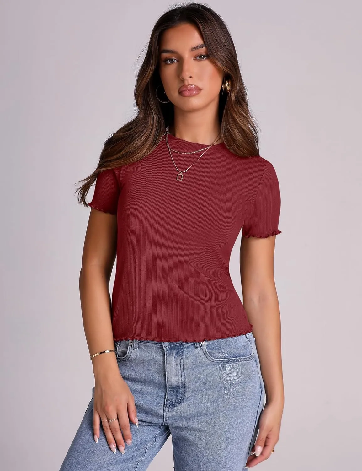 LOMON Women's Crew Neck Short Sleeves T Shirts Ribbed Fitted Summer Basic Tees Lettuce Trim Going Out Tops