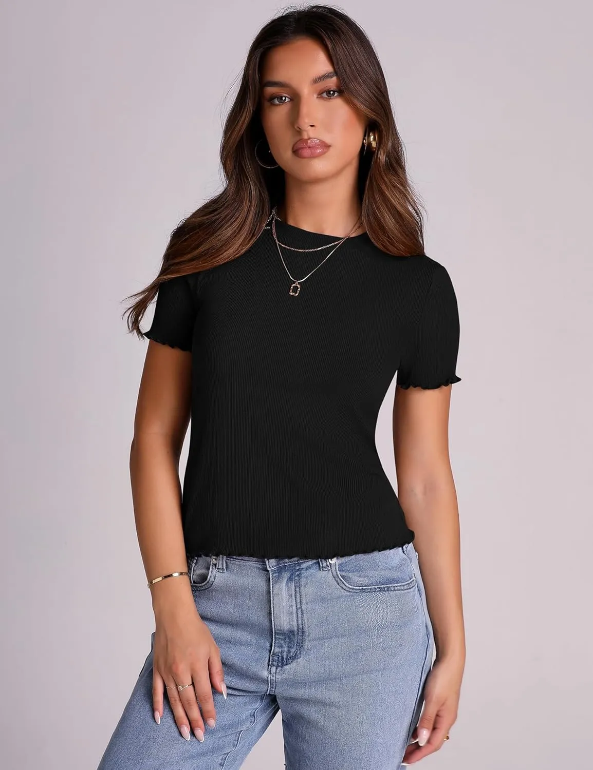 LOMON Women's Crew Neck Short Sleeves T Shirts Ribbed Fitted Summer Basic Tees Lettuce Trim Going Out Tops