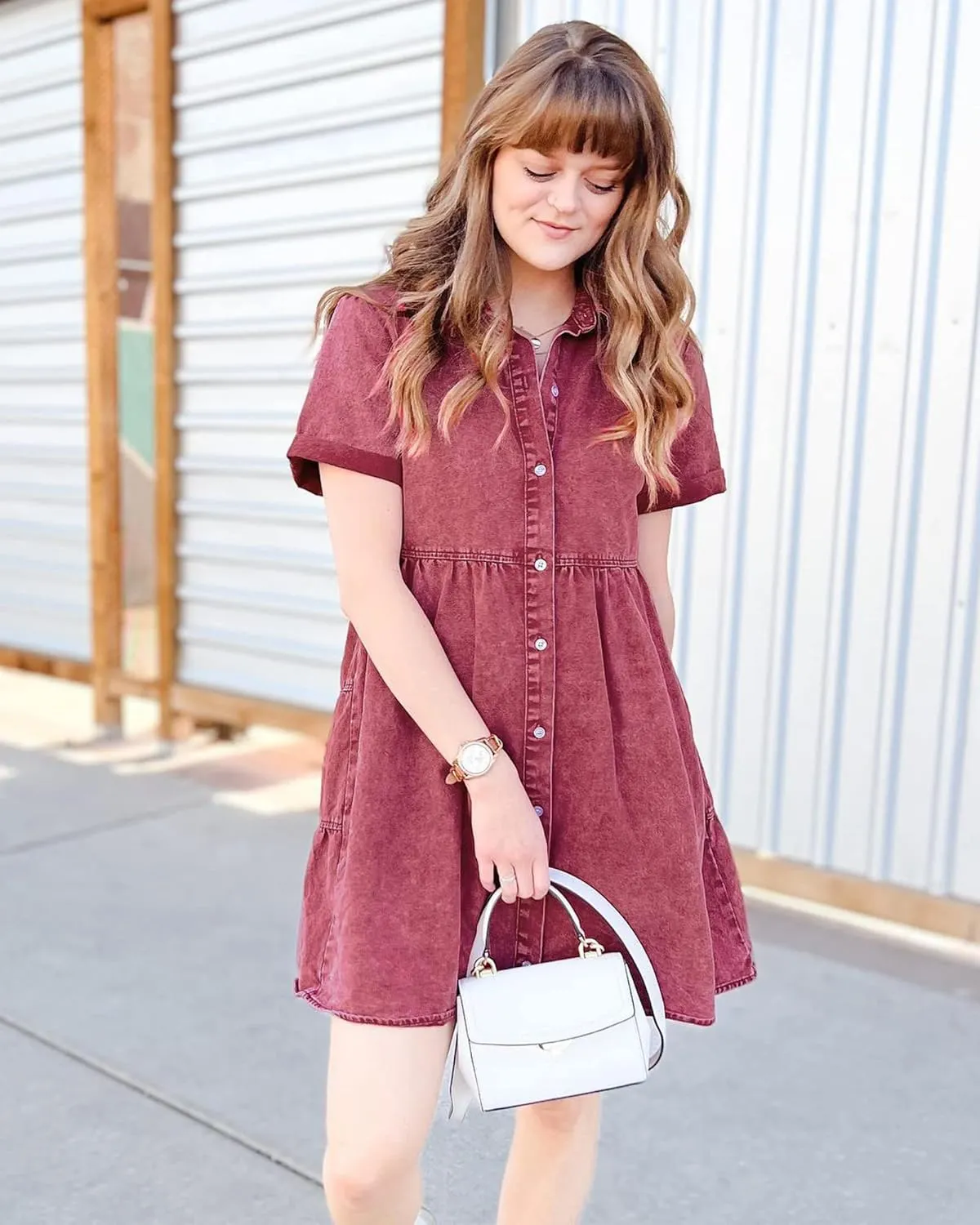 LookbookStore Women's Short Sleeve Button Down Flowy Tiered Babydoll Denim Dress