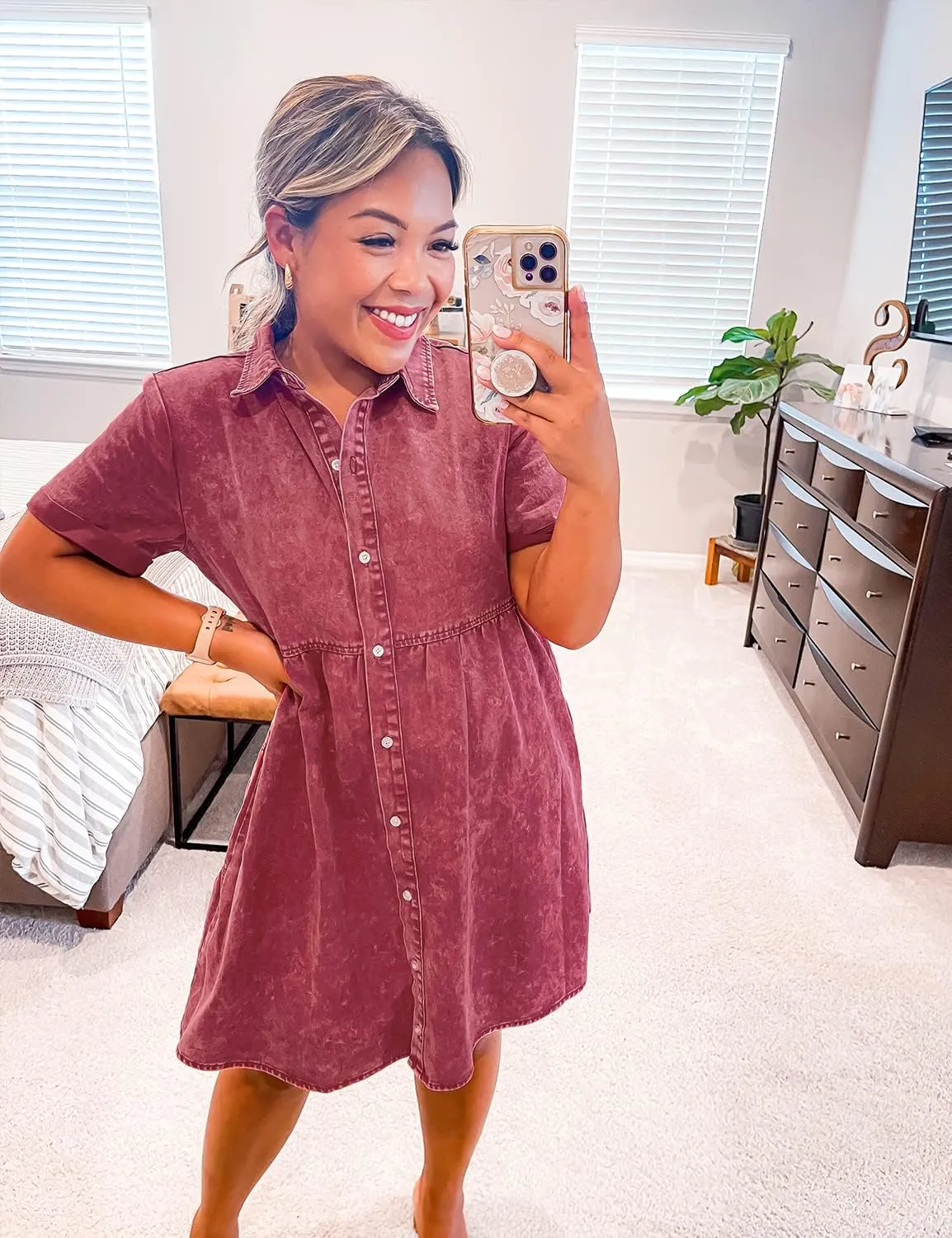 LookbookStore Women's Short Sleeve Button Down Flowy Tiered Babydoll Denim Dress