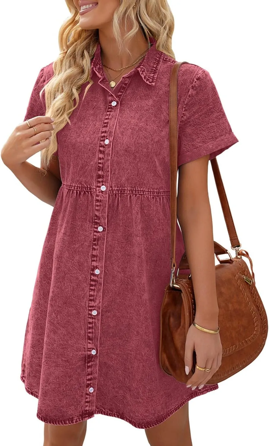 LookbookStore Women's Short Sleeve Button Down Flowy Tiered Babydoll Denim Dress