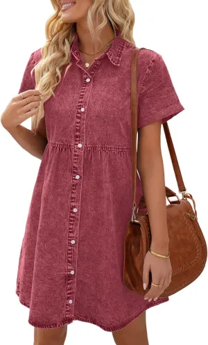 LookbookStore Women's Short Sleeve Button Down Flowy Tiered Babydoll Denim Dress
