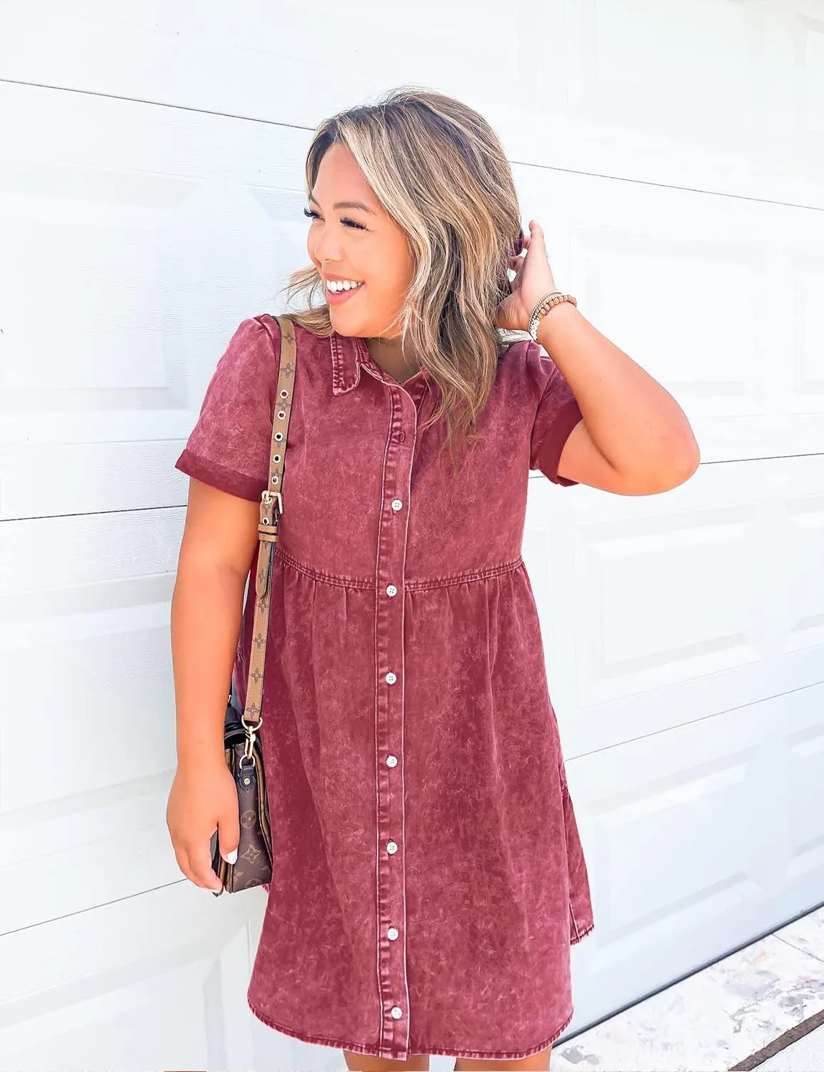 LookbookStore Women's Short Sleeve Button Down Flowy Tiered Babydoll Denim Dress