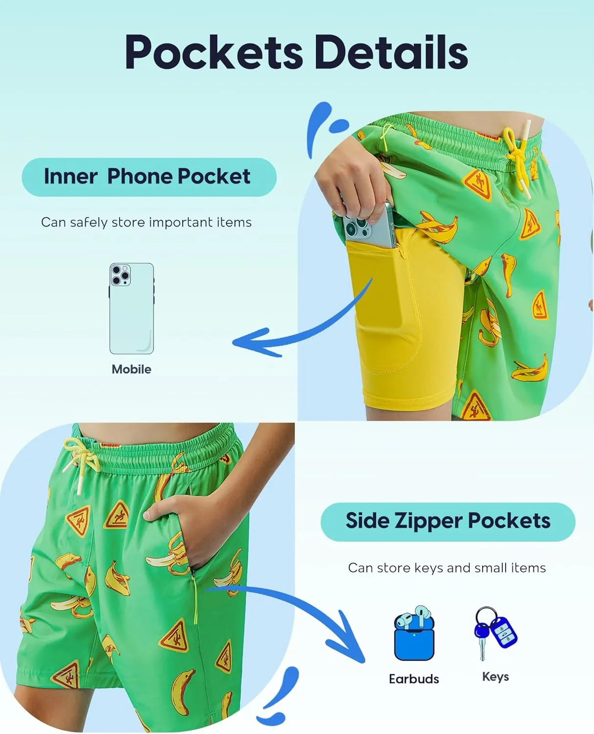 maamgic Boys Swim Trunks Compression Liner Stretch Teen Boy Swim Shorts Anti-Chafe Bathing Suits with Zipper Pockets
