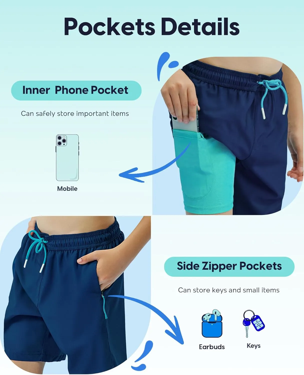 maamgic Boys Swim Trunks Compression Liner Stretch Teen Boy Swim Shorts Anti-Chafe Bathing Suits with Zipper Pockets