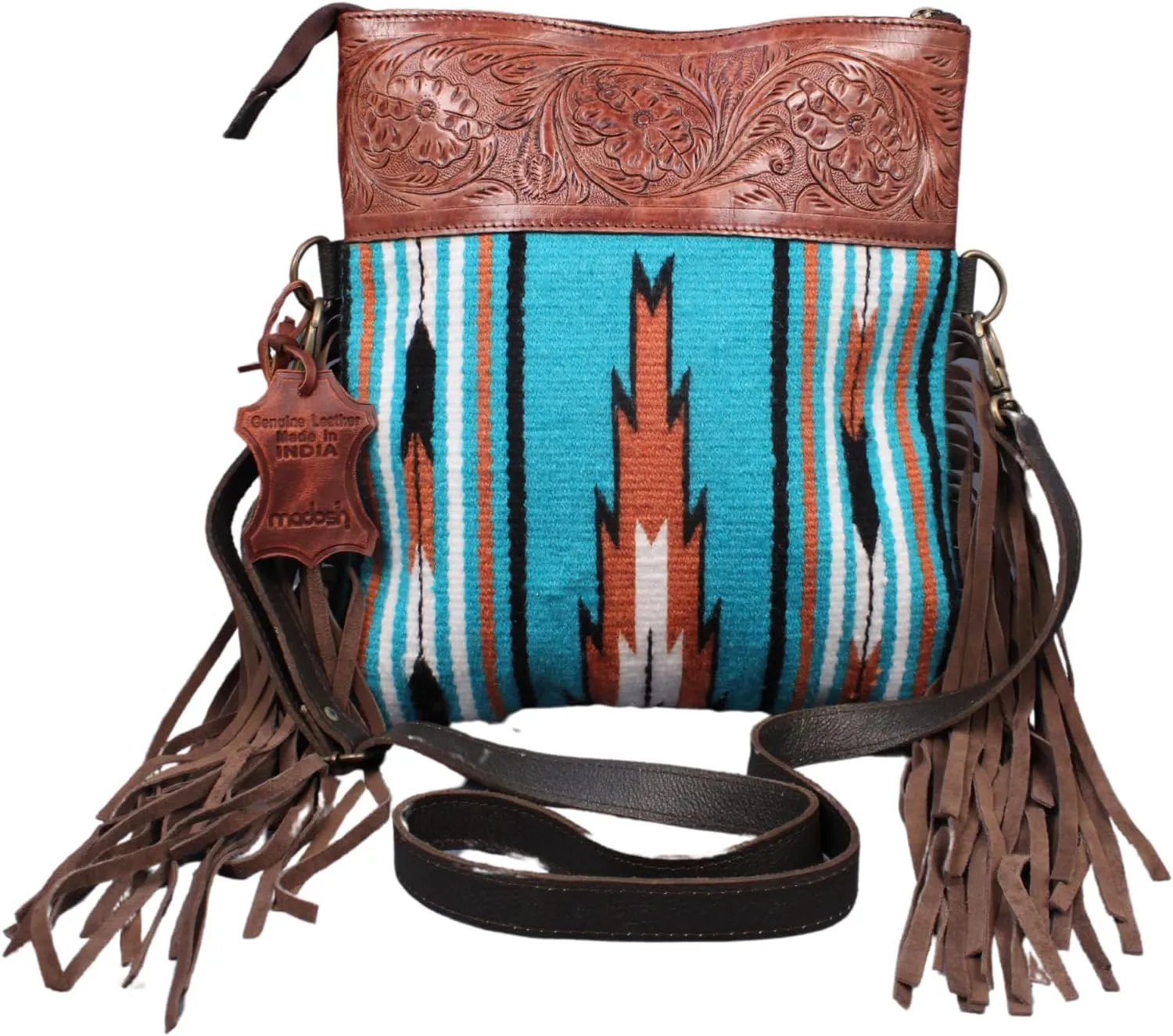 Madosh Vintage Fringe Leather Crossbody Bag Girls Western Handbag Saddle Blanket Fringe Style Handmade Crossbody Purse Hand Carved Strap