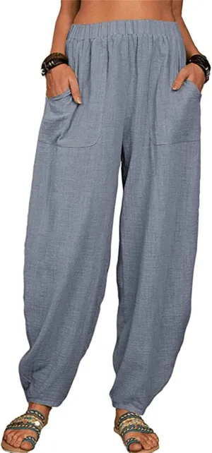 Maiyifu-GJ Women's Baggy Linen Wide Leg Pants Elastic Waist Casual Loose Long Trousers High Waisted Comfy Lounge Pant