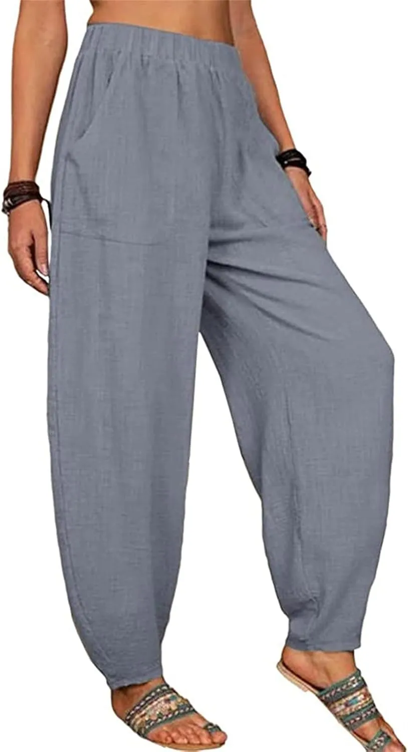 Maiyifu-GJ Women's Baggy Linen Wide Leg Pants Elastic Waist Casual Loose Long Trousers High Waisted Comfy Lounge Pant