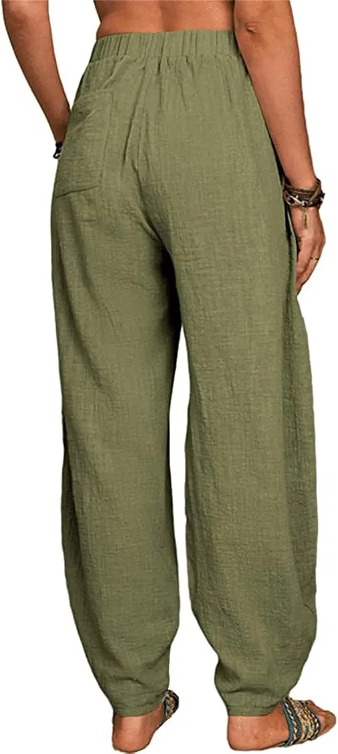Maiyifu-GJ Women's Baggy Linen Wide Leg Pants Elastic Waist Casual Loose Long Trousers High Waisted Comfy Lounge Pant
