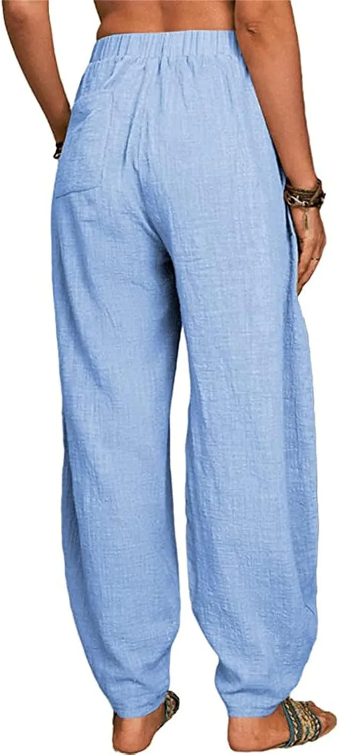 Maiyifu-GJ Women's Baggy Linen Wide Leg Pants Elastic Waist Casual Loose Long Trousers High Waisted Comfy Lounge Pant
