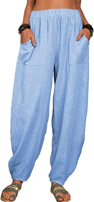 Maiyifu-GJ Women's Baggy Linen Wide Leg Pants Elastic Waist Casual Loose Long Trousers High Waisted Comfy Lounge Pant